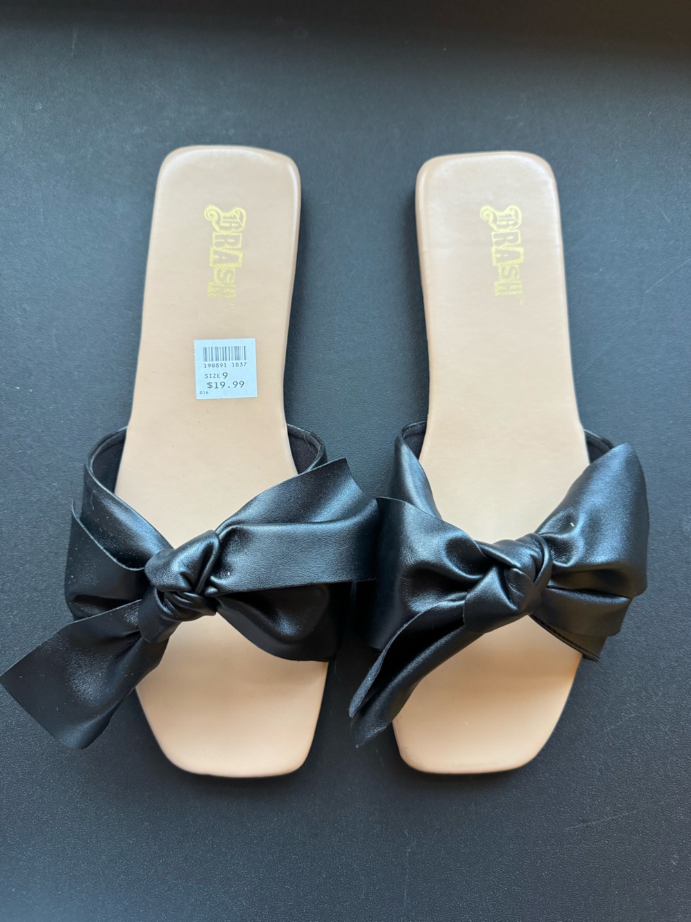 Brash Black Satin Knot Bow Slide Sandals